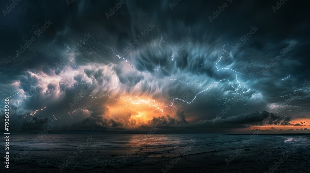 Thunderstorm at Sea, Dynamic Sky with Lightning Bolts