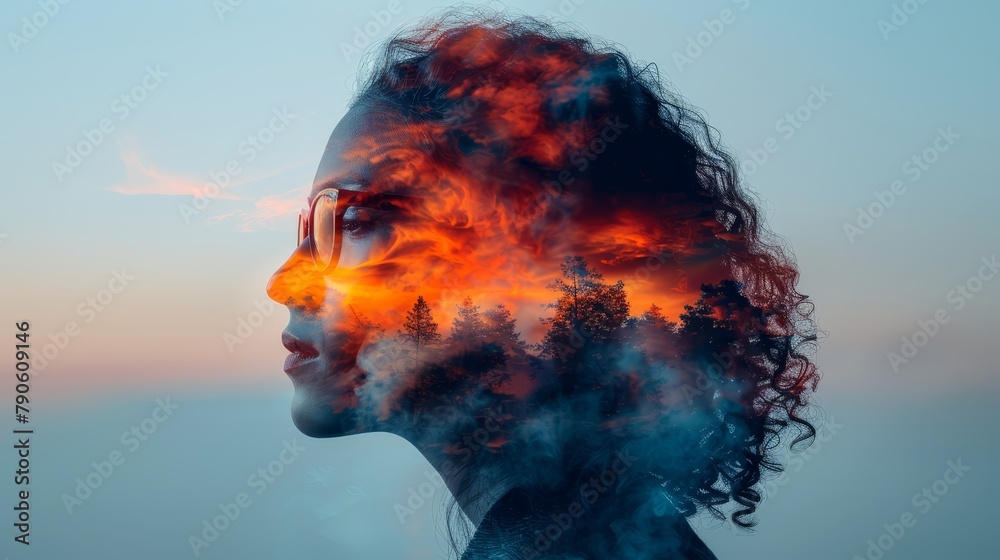 A woman's face is hidden by a veil of smoking trees as the sun sets behind them A woman's face is hidden by a veil of smoking trees as the sun sets behind them
