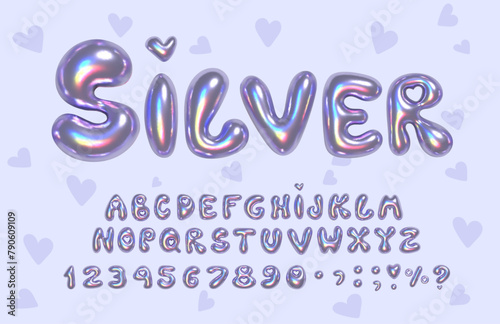Silver Metallic Trendy 3D Bubble Rainbow Refraction Gradient Font . Full Vector. 3d Letters, alphabet, numbers in y2k style with heart shape. Font for Holidays