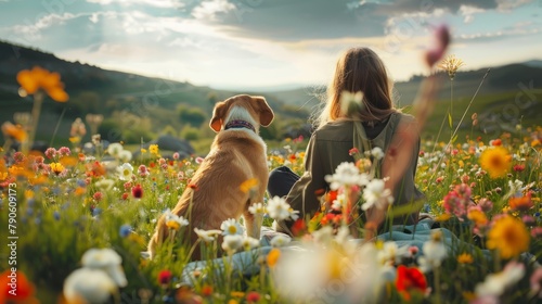 Pet Owner Relishing Wildflower Landscape with Loyal Dog