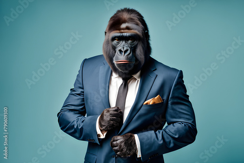 Anthropomorphic friendly gorilla wearing suit formal business suit against blue backdrop