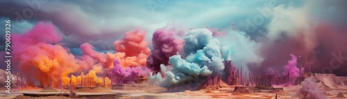 Furnaces of unknown origin belching out plumes of colorful smoke in a surreal, dreamlike landscape photo