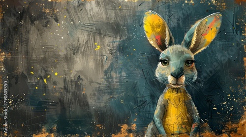 Colorful digital illustration of a kangaroo with a detailed, textural style against a grunge background