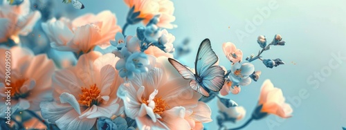 A bouquet of two oil painted butterflies and flowers with peach hues and blue touches on light blue background.