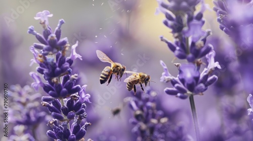 "Bees flying around lavender flowers, signifying the connection between human well-being and the environment in self-care ." © Image