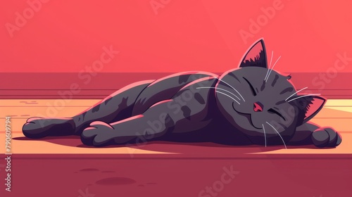  A black cat naps on the floor, its head rested and eyes closed, against a red wall backdrop