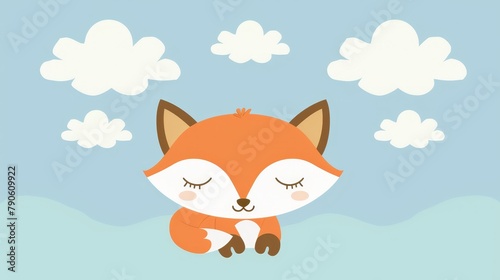   A red fox naps against a blue backdrop  featuring white clouds and a tranquil blue sky overhead
