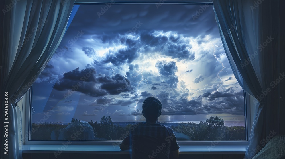 Individual Experiencing Lightning Show from Indoors - obrazy, fototapety, plakaty 