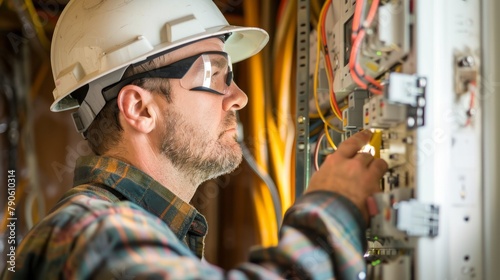 Skilled Electrician Examining Wiring in Home Fuse Panel