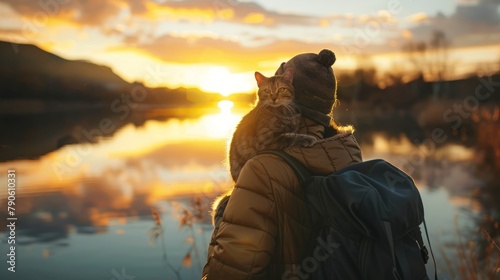 Sunset Companionship with Cat and Owner Enjoying Lakeside Views