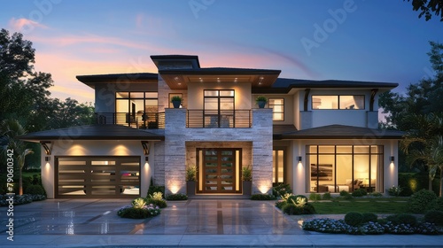 3d rendering of modern cozy house with parking and pool for sale or rent with wood plank facade and beautiful landscaping on background. Clear sunny summer day with blue sky,Modern large house
