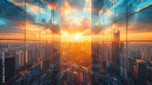   A panoramic city view from atop a skyscraper, sunset mirrored in its windows
