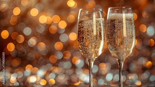  Two glasses of champagne on a table against a blurred backdrop of lights and bokeh of lights