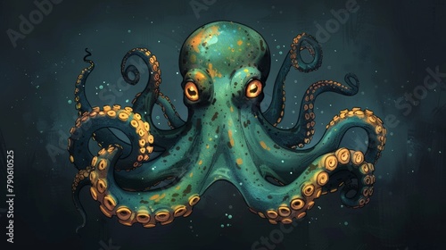 Vibrant cartoon octopus with detailed tentacles on a dark background photo