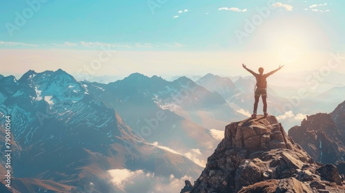 Hiker Attains Summit at Sunrise, Arms Wide Open