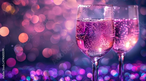   A tight shot of two wine glasses on a table, surrounded by a softly blurred backdrop of twinkling lights