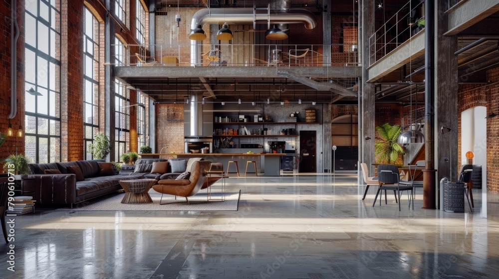 Loft-Style Apartment Interior with Exposed Brick and Steel Beams