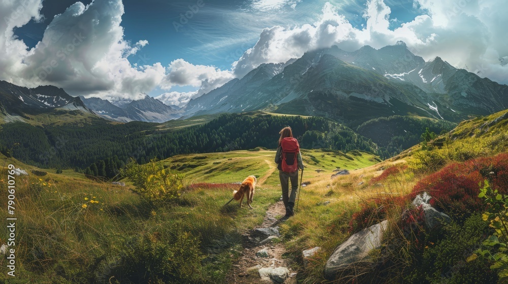 Adventurous Trekker Walking Dog Along High Mountain Path