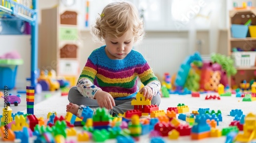 Young Child Focused on Building with Bright Interlocking Blocks
