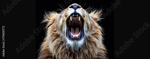 A roaring lion, its jaws gaping open to show its teeth,