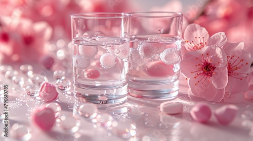  A tight shot of two glasses, each holding water A single flower rests delicately beside them, its petals kissing the rims; droplets of water cling to