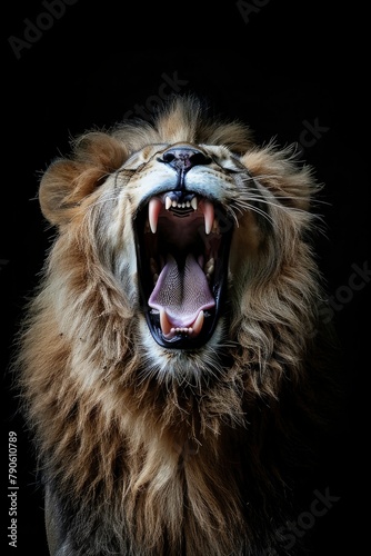 A roaring lion, its jaws gaping open to show its teeth,