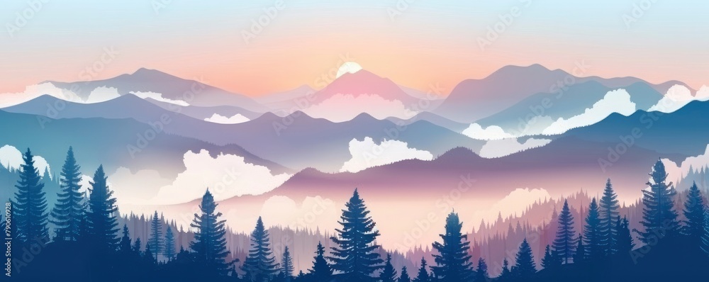 a broad picture of the mountain range at dusk, with clouds and a forest in front of it