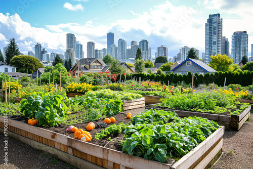A community vegetable garden in an urban setting, big city on background.