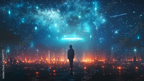 Starry Encounter: City Gazes at Mystical UFO. Concept City Lights, UFO Sighting, Mystical Encounter, Stargazing Adventure, Urban Mystery photo