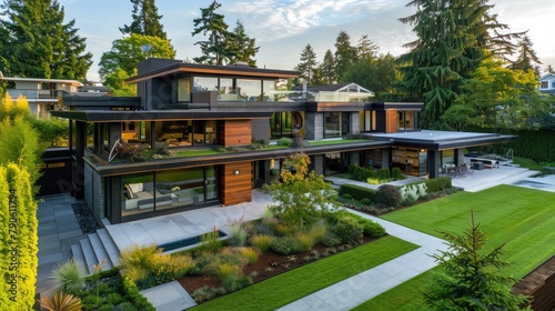 Aesthetic modern private hous. Minimalism, Landscaping for house. Appearance of residential architecture,Luxury house exterior with garage and , Stunning Modern House with a Beautiful Garden 
