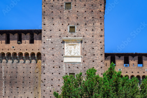 Castello Sforzesco (Sforza Castle) in Milan, Lombardy, Italy. Walls and towers close-up. View, details, architectures and embellishments..