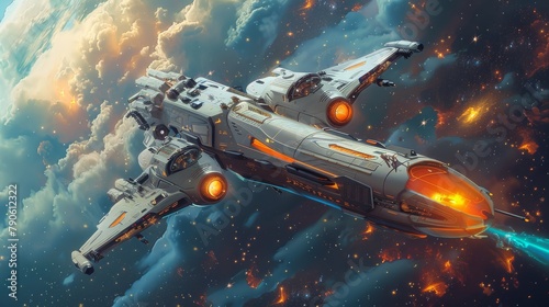 Futuristic spaceship soaring through starry night sky with vibrant orange accents