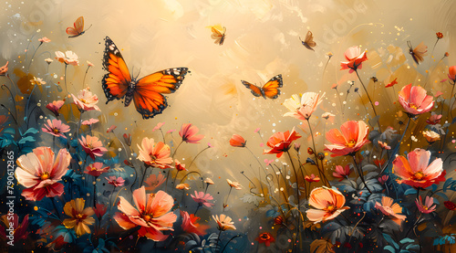 Vibrant Melody: Impressionist Butterflies Dance Amidst Blossoms and Breeze
