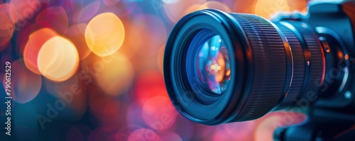 camera lens with a blurred background, symbolizing the creation of photos and videos for marketing and advertising. photo