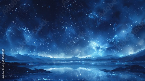 Starry night sky over serene lake landscape with luminous reflections and majestic mountains