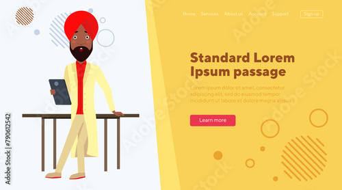 Arabian businessman surprised with contract terms. Man in turban and traditional clothes reading business document. Flat vector illustration. Success, concluding contract, culture, surprise concept