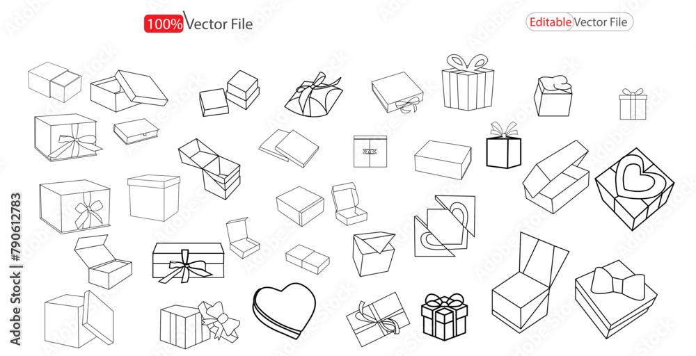 Big Set Gift box line art style vector illustration. vector. outline vector symbol collection linear style. icon collection. Editable stroke. Gifts line icon. Continuous one line with curl