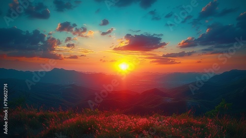 Stunning sunset over layered mountain ranges with vivid red and azure hues © Vilayat