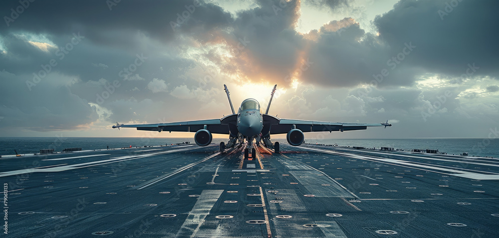 Naklejka premium Aircraft sitting on the flight deck of a Aircraft carrier. Generative AI.