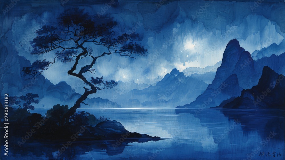 Atmospheric blue landscape with silhouetted tree against a moonlit sky