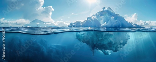 A portion of the iceberg is visible above the ocean on a background of blue sky. photo
