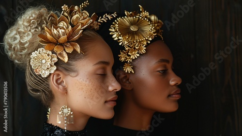 portrait of two women with decorative floral gold parts on dark background