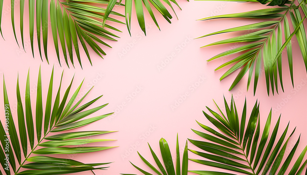 green palm tree leaves frame background or wallpaper on a pink backdrop