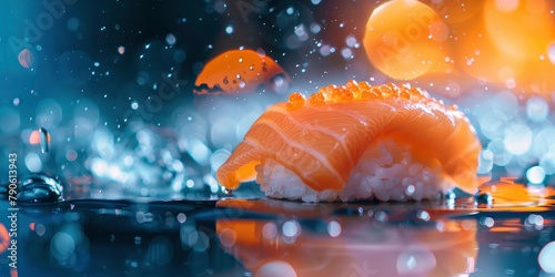 salmon sashimi on ice with sushi,