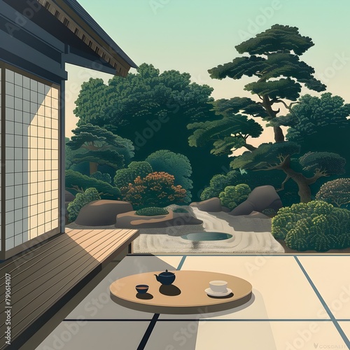 Serene Japanese Tea Ceremony in a Lush Traditional Garden Landscape