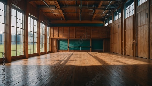 Empty wooden table with beautiful Sport club background, photorealistic,