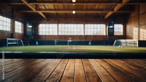 Empty wooden table with beautiful Sport club background, photorealistic,