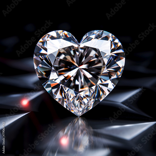 Heart cut lab diamond radiating romance on reflective black surface. Synthetic heart gemstone glowing, symbol of modern love. Heart shaped lab grown diamond