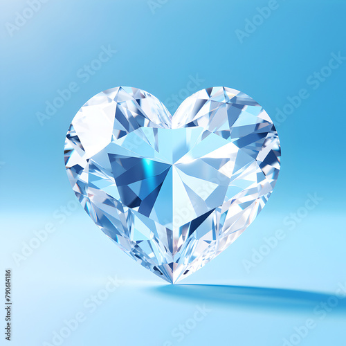 Heart cut lab diamond on light blue background. Synthetic heart gemstone glowing. Heart shaped lab grown diamond. Artificial diamond, jewelry production. Lab-crafted heart diamond. Heart lab diamond