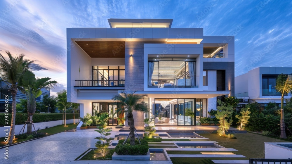 Obraz premium Exterior view of multiple modern house. Architecture 3d rendering of minimal modern house with natural landscape. Perspective of modern House background.